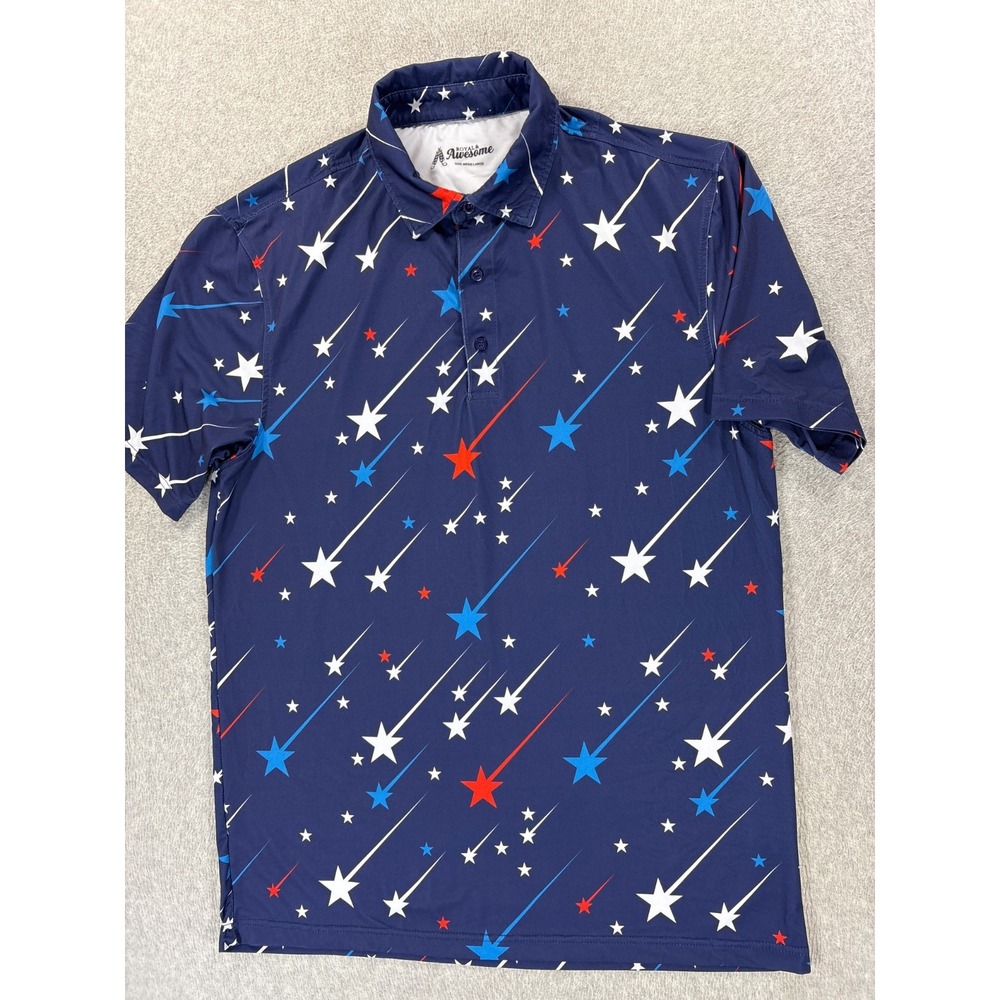 Royal & Awesome Performance Shooting Stars Golf Polo Shirt (Men's Large) Blue
